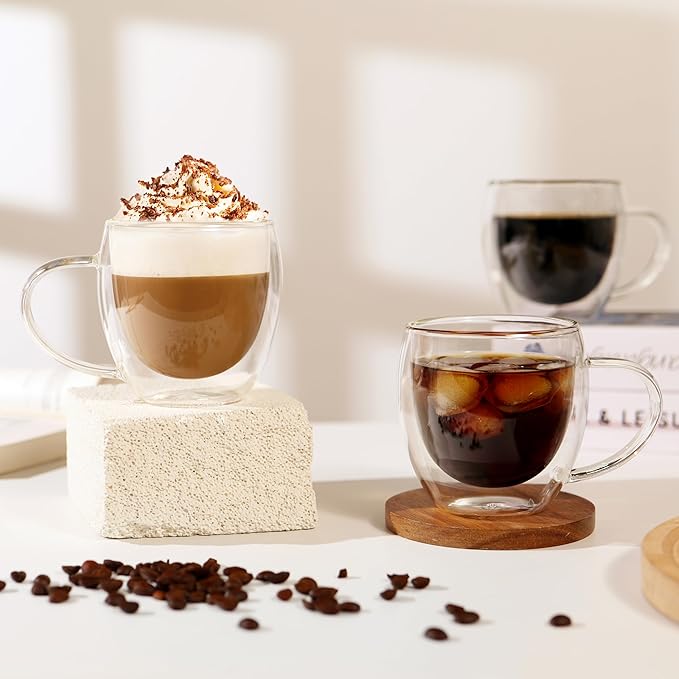 CNGLASS Double Walled Glass Coffee Mugs with Handle,12oz Insulated Glass Mugs with Handle,Clear Espresso Cups for Latte,Cappuccino,Tea Bag,Set of 2