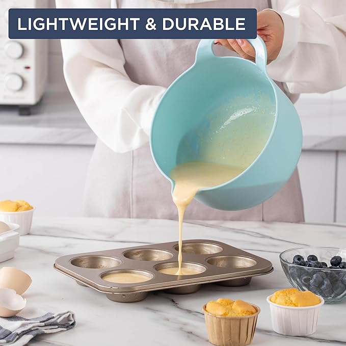 COOK WITH COLOR Nesting Plastic Mixing Bowl Set with Pour Spouts and Handles, Blue, 6 Piece Non-Slip