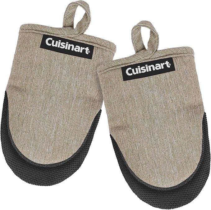 Cuisinart Mini Oven Mitts – 5.5” x 7” Heat-Resistant Kitchen Mitts for Oven with Non-Slip Neoprene Palm, Cotton Filling, and Fabric Loop – Durable Oven Mitt Set for Cooking & Baking (Taupe)
