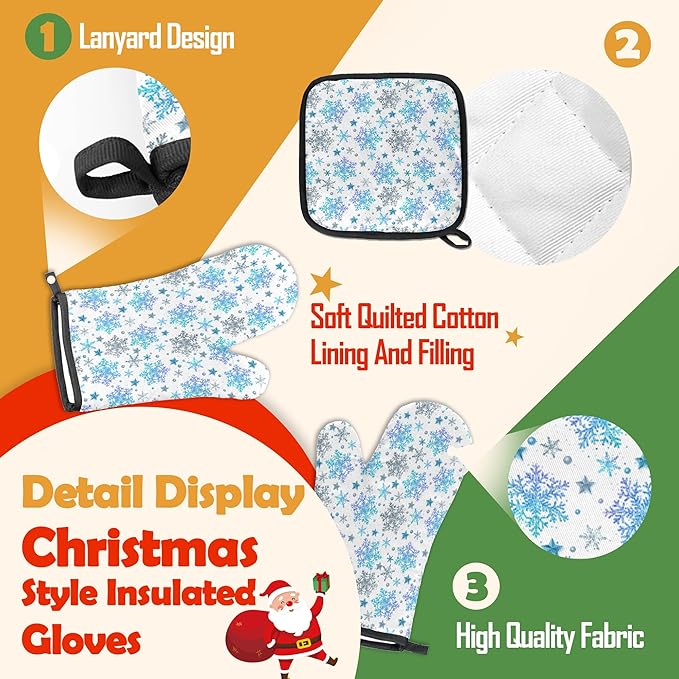 Oven Mitts Pot Holders Set 3 for Kitchen, Christmas Snowflakes Insulation Oven Gloves Heat Resistant Pot Pads Cook Essentials Accessories for BBQ Baking Cooking Kitchen Decor Gifts for Women