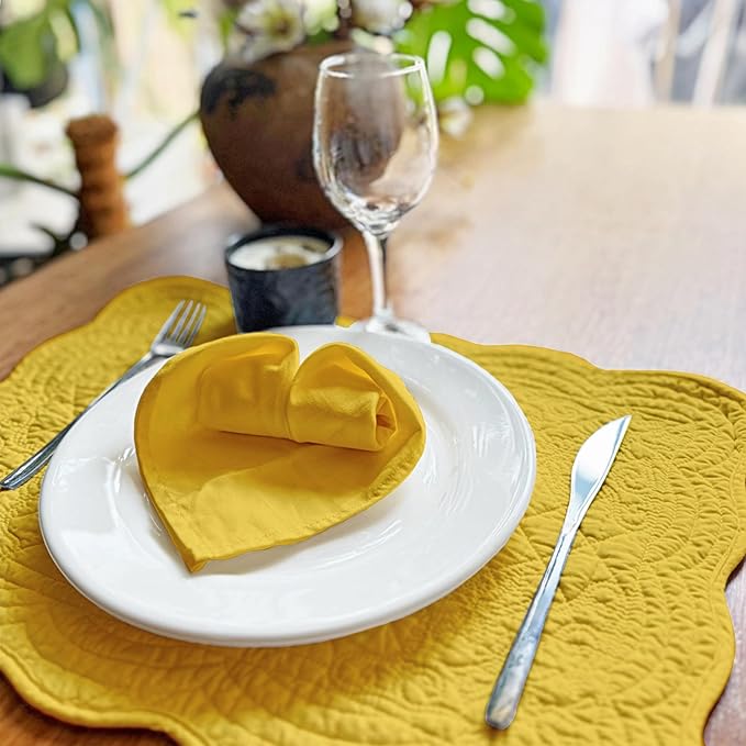 Quilted Placemats Set of 4 with Matching Cotton Napkins – 4 Piece Table Mats & 4 Cloth Napkins – 100% Cotton Table Linen Set for Everyday & Holiday Dining (4, Yellow)