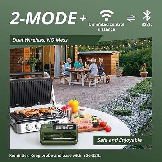 Wireless WiFi Meat Thermometer Digital, Versatile Unlimited Remote Range,Smart Bluetooth Cooking Thermometer with 2 Size BBQ Probes, Flexible Alarm APP LCD Screen for Grill, Air Fryer, Smoker and Oven