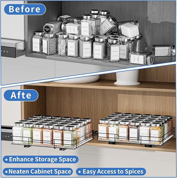 Spice Rack Organizer for Cabinet, 1 Tier Pull Out Spice Rack, Spice Organizer for Cabinet, Kitchen and Pantry, Fits Spices, Sauces, Canned Food (12.5''Wx10.5''Dx2.5''H)