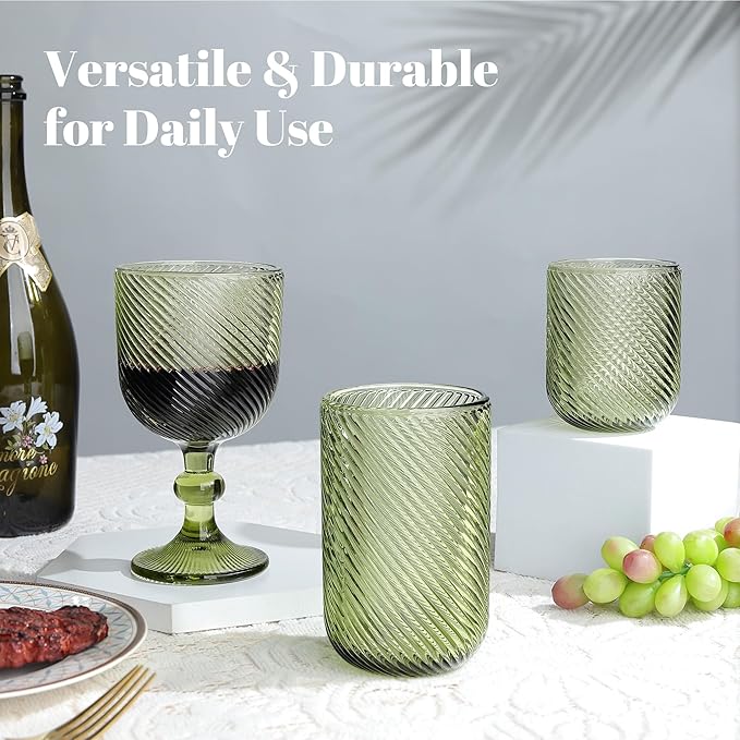 Joeyan Vintage Small Drinking Glasses,Green Ribbed Embossed Colored Water Glasses Tumbler Cups,Glassware for Beverages Cocktail Whisky Beer Juice,9 oz,Set of 4,Dishwasher Safe