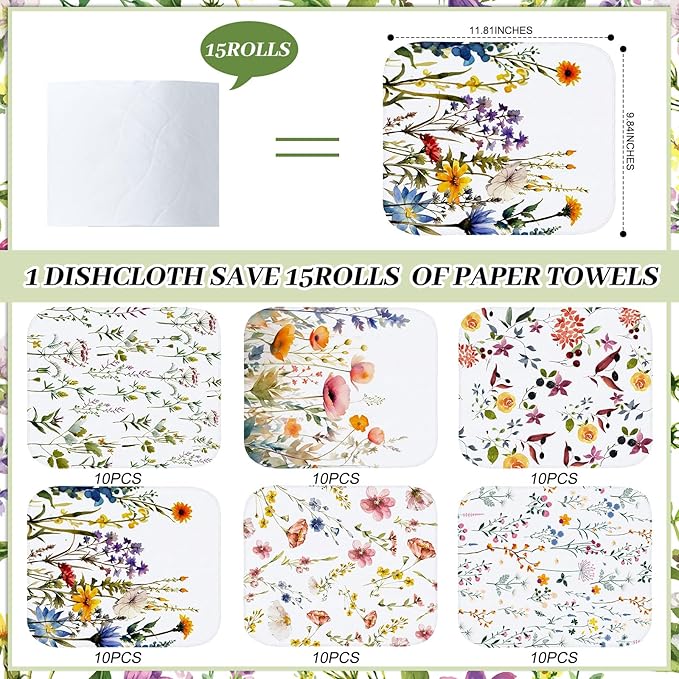 60 Pack Reusable Cleaning Cloths Washable Cotton Kitchen Dish Towels for Home Christmas Party Supplies Bulk, 9.84x11.81in (Wildflowers)