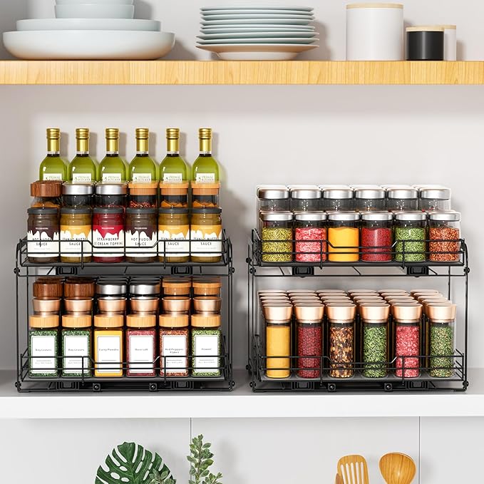 RCHYFEED Spice Rack Organizer for Cabinet, 2 Tier Slide out Spice Organization for Inside Cabinets & Pantry, Heavy Duty Adjustable Metal Spice Racks for Seasoning Organizer (13.5" Wx10.5 Dx9.5 H)