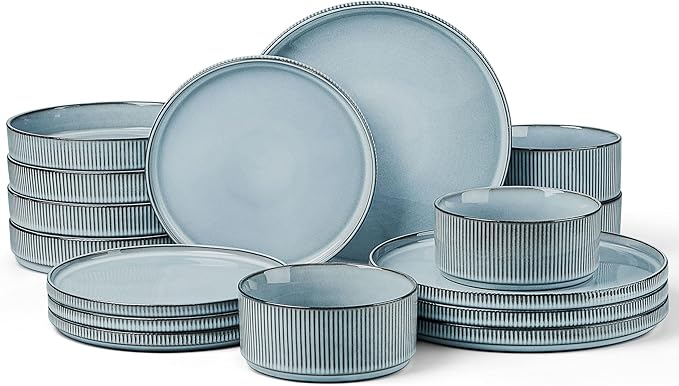 LIANYU Dinnerware Stoneware Sets with Pasta Bowls, 16 Piece Plates and Bowls Set for 4, Ribbed Dishes Set for Home, Microwave and Dishwasher Safe, Slate Blue