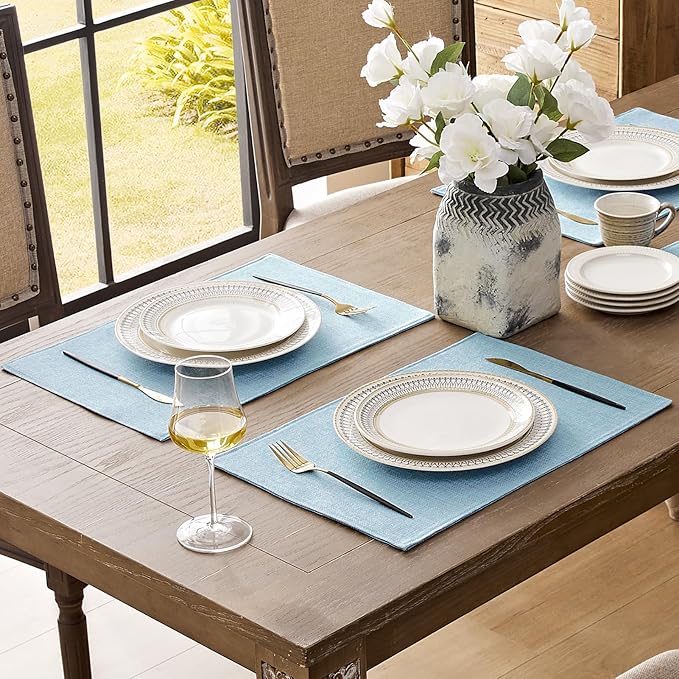 Romanstile Cloth Placemats Set of 6-12 x 18 Inch, Heat Resistant Double Layered Thickened Burlap Place Mats, Washable Faux Linen Farmhouse Table Mats for Kitchen/Dining/Party/Outdoor, Blue