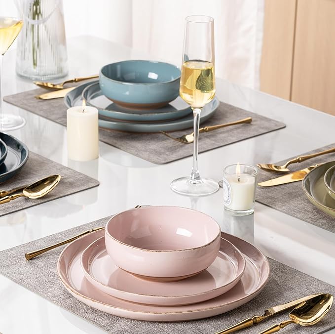 AmorArc Ceramic Dinnerware Sets for 4, 12 Pieces Handpainted Plates and Bowls Set with Rustic Terracotta Underside, Scratch Resistant Stoneware Dishes Set, Dishwasher & Microwave Safe, Multi-Color