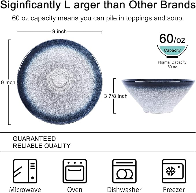 NJCHARMS Ramen Bowls, Ramen Noodle Soup Bowl, 2 Sets (6 Piece) 60 Ounce, with Spoons and Chopsticks for Udon Pho Asian Noodles, Noodle Bowls Large (Blue-Green)