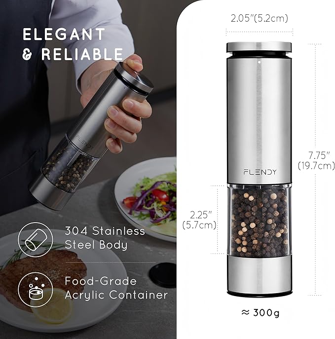 Electric Salt or Pepper Grinder Rechargeable, Automatic Salt or Pepper Grinder with Oversized Top Button, Stainless Steel Electric Salt or Pepper Shaker