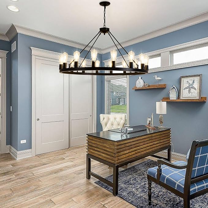 40" Black Wagon Wheel Chandelier,E26 16-Light Large Round Rustic Farmhouse Chandelier Industrial Pendant Light Fixtures for Dining Room Living Room Kitchen Island Entryway Foyer