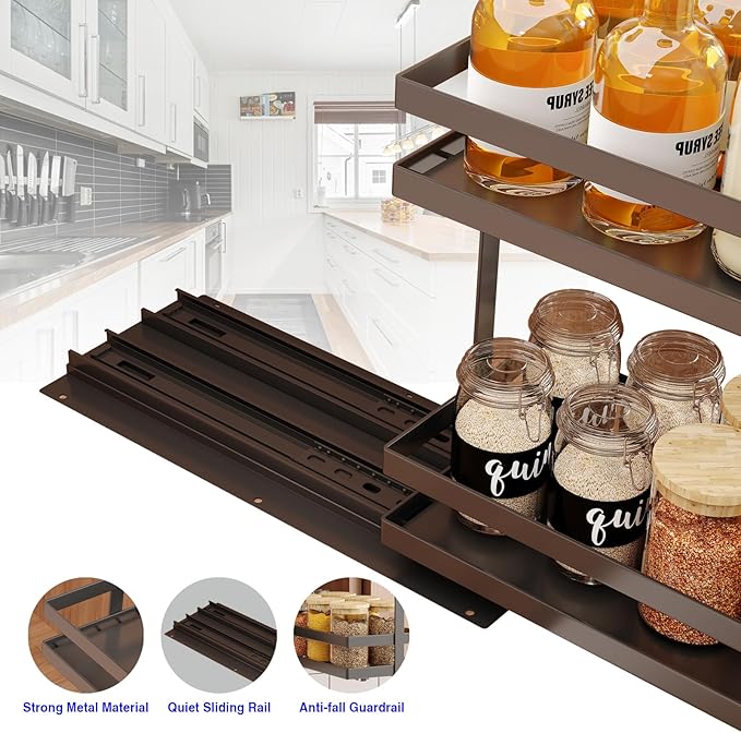 4 Pack Pull Out Spice Rack Organizer for Cabinet, 2 Tier Metal Slide Out Seasoning Organizer and Storage Heavy Duty Vertical Spice Rack Shelf Pullout for Kitchen Cabinets No Drilling (Black)