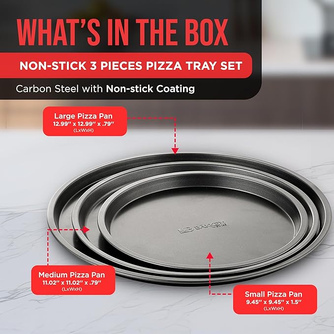 Bakken Swiss Pizza Tray Set 3-Piece – Gray Coating, Non-Stick, Round Steel Pizza Pans - Dishwasher Safe, Premium Bakeware for Home Cooking