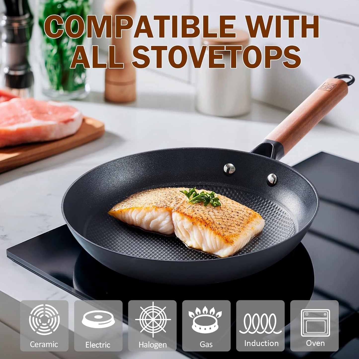 DM Cast Iron Skillet, 3 Piece Nonstick Frying Pan Set, 8” 10” 12” with Detachable Acacia Wooden Handle, Honeycomb Non stick Omelet Egg Pan, Easy Clean Oven Safe Pans for Cooking