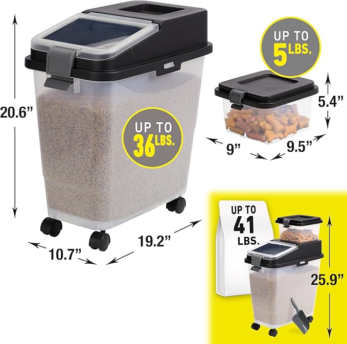 Mighty Tuff 3 Piece Airtight Dog Food Storage Container, Up to 36 lbs, with 5 lbs Dog Treat Container and Portion Scoop – BPA Free Airtight Pet Food Bin on Wheels