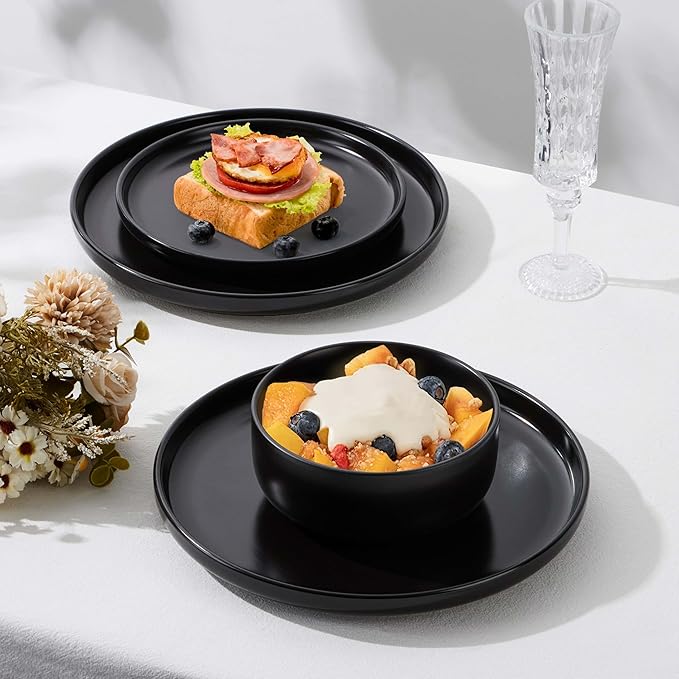 Herogo 18 Pieces Stoneware Dinnerware Set Service for 6, Dinner Plates and Bowls Sets, Double Reactive Glaze Dishes Set for Kitchen, Scratch Resistant, Microwave & Dishwasher Safe, Matte Black