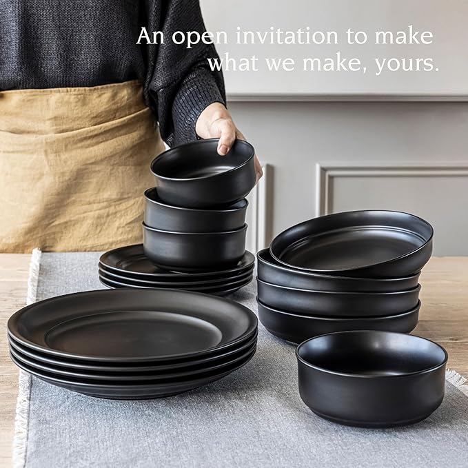 over&back Rim Dinnerware Set - Stoneware Dishes - Comes with 4 Dinner Plates, Salad Plates, Cereal Bowls, and Dinner Bowls - 16-Piece All-Occasion Place Settings - Serves Four - Semi-Matte Black