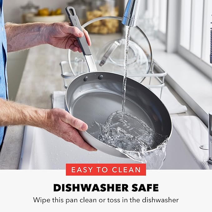 GreenPan x Bobby Flay Stainless Steel 12” Frying Pan Skillet & Glass Lid, Professional Grade Tri-Ply, Multiclad, PFAS-Free Ceramic Nonstick, Induction Suitable, Dishwasher & Oven Safe,Stay Cool Handle