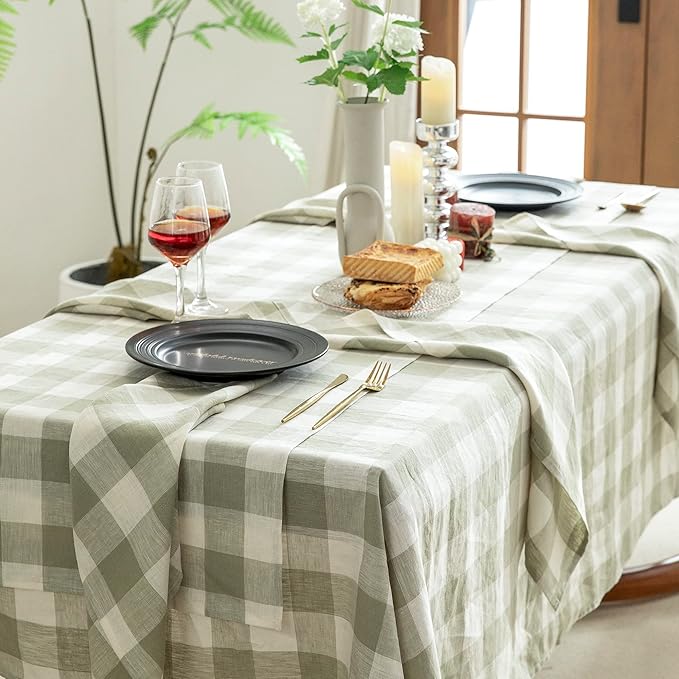 EVERLY 100% Yarn-Dyed Linen Rectangle Tablecloths 60x84Inches for Dining,Buffet Parties,Picnic,Events and Restaurants,Decorative Halloween,Thanksgiving Machine Washable Tablecloths-Sage Green Plaid