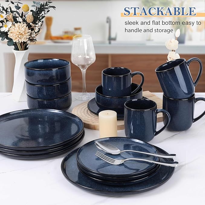 LIANYU 16 Piece Dinnerware Sets with Mugs, Stoneware Plates and Bowls Sets for 4, Dinner Dishware Dishes for Kitchen Dining, Microwave & Dishwasher Safe, Sapphire Blue