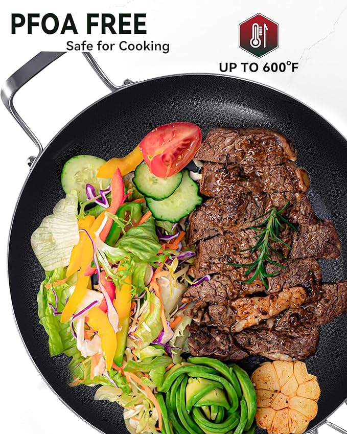 14-Inch Nonstick Hybrid Frying Pan with Lid, Ceramic Coated Tri-Ply Stainless Steel Induction Chef's Pan, Large Skillet, PFOA Free, Oven & Dishwasher Safe for All Stoves, Detachable Handle