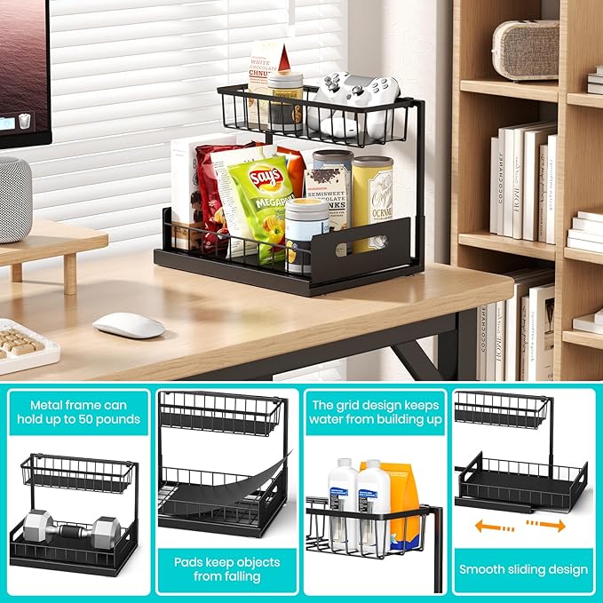 FUNFERY 2 Pack Under Sink Organizers and Storage,Pull-Out Cabinet Organizer,Under Kitchen Sink,Cabinet,Bathroom Organizers and Storage,L Shaped Pantry Organizer for Kitchen Storage Organization,Black