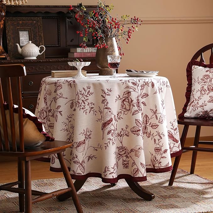 French Round Tablecloth, Linen Table Cloth with Dark Red Floral Leaves and Birds Pattern, Heavy Durable Table Cover for Dining Thanksgiving Kitchen Decor Party Christmas,Diameter 67"