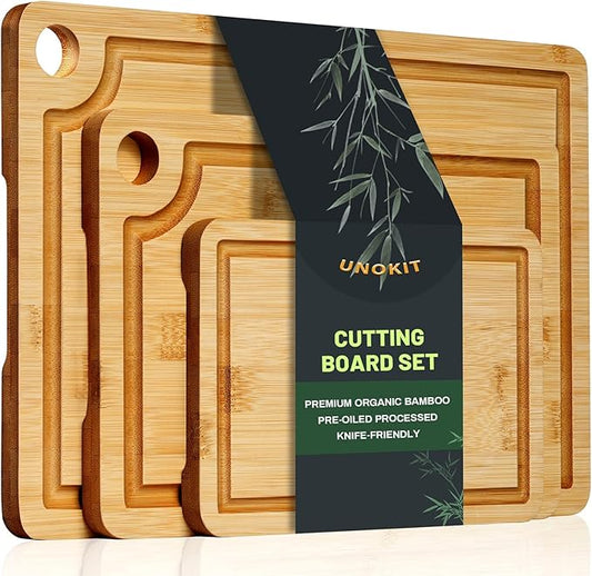 Unokit 3PCS Bamboo Cutting Boards Set - Large Natural Wooden Cutting Boards with Juice Groove & Built-in Handles，Ideal Charcuterie & Chopping for Meat, Vegetables, Dishwasher Safe