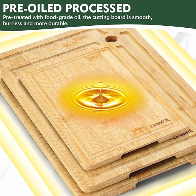 Unokit 3PCS Bamboo Cutting Boards Set - Large Natural Wooden Cutting Boards with Juice Groove & Built-in Handles，Ideal Charcuterie & Chopping for Meat, Vegetables, Dishwasher Safe