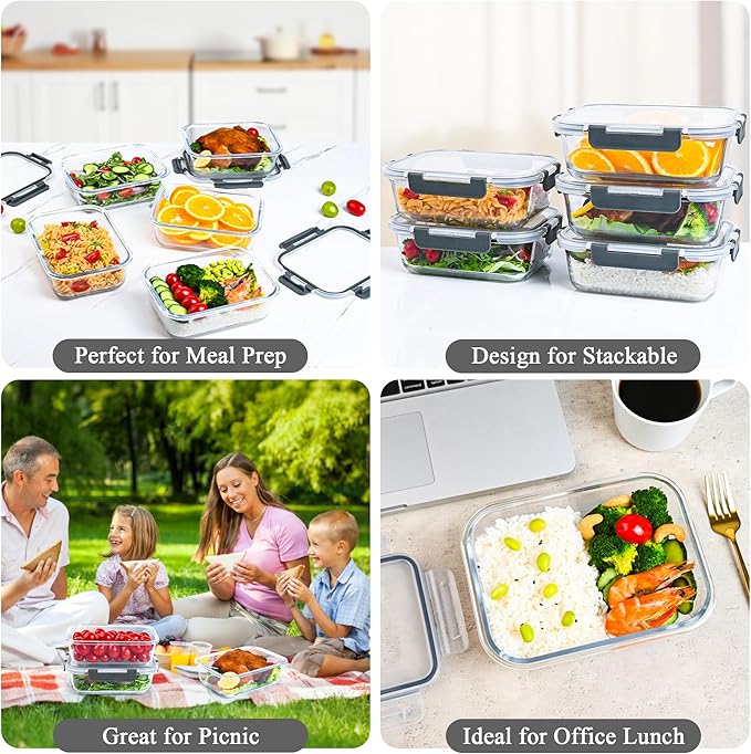 GEHE 5 Pack 36 Oz Glass Food Storage Containers with Lids, Glass Meal Prep Containers, Kitchen Airtight Lunch Storage Containers with Lids, Safe for Freezer, Oven, Dishwasher, BPA Free