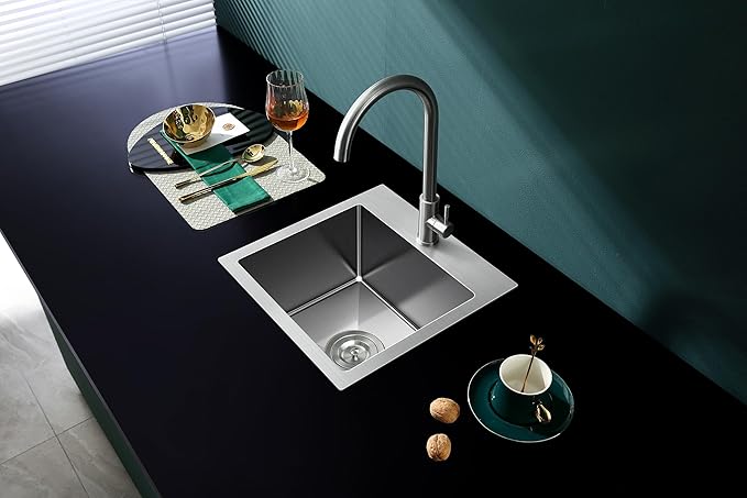 18 inch Drop-in Kitchen Sink, Small Topmount Kitchen Sink Single Bowl, Overmount 304 Stainless Steel Kitchen Bar Sink Handmade with Basket Strainer