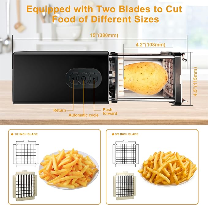 Electric French Fry Cutter, Commercial Automatic French Fry Cutter, Stainless Steel Potato Cutter with 1/2-Inch & 3/8-Inch Blade, Electric Potato Cut Machine for Restaurants & Home Kitchen