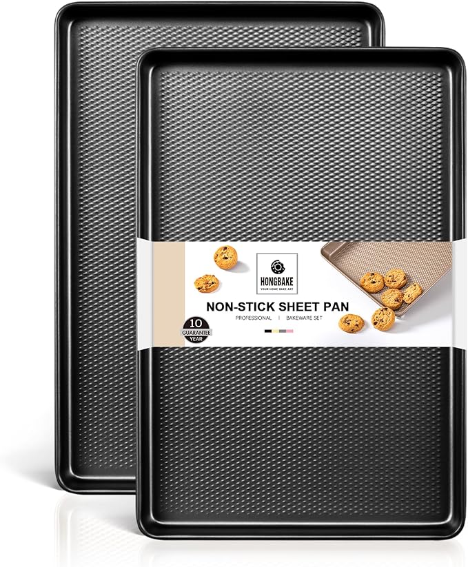 HONGBAKE 2 Pack Half Sheet Pan Set, 1/2 Cookie Sheets for Baking with Diamond Texture, 17.5" x 12" Large Baking Sheets Non Stick, Non Toxic Oven Trays for Cooking, 57% Thicker Carbon Steel, Dark Gray