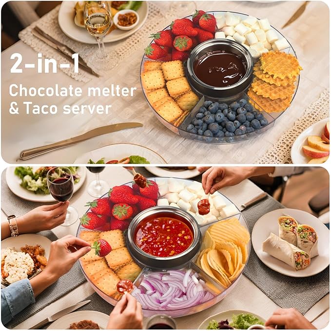 FEPPO Cordless Electric Fondue Pot Set with Mood Light - 7 Roulette Cards & Detachable Serving Tray, 13.5 oz Chocolate Melting Machine, Ideal Gift for Holiday, Family, Parties & Camping