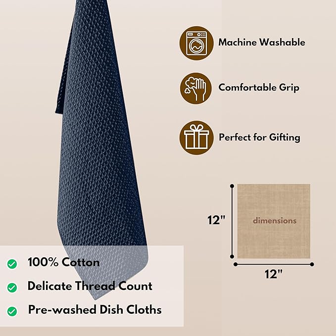 Native Fab Waffle 18 Pack Dish Cloths Set - 100% Cotton, 12"x12", Absorbent, Quick Dry, Washable Towels for Cleaning, Cooking & Drying Dishes - Great for Home, Restaurants, Cafes, Bars - Navy Blue