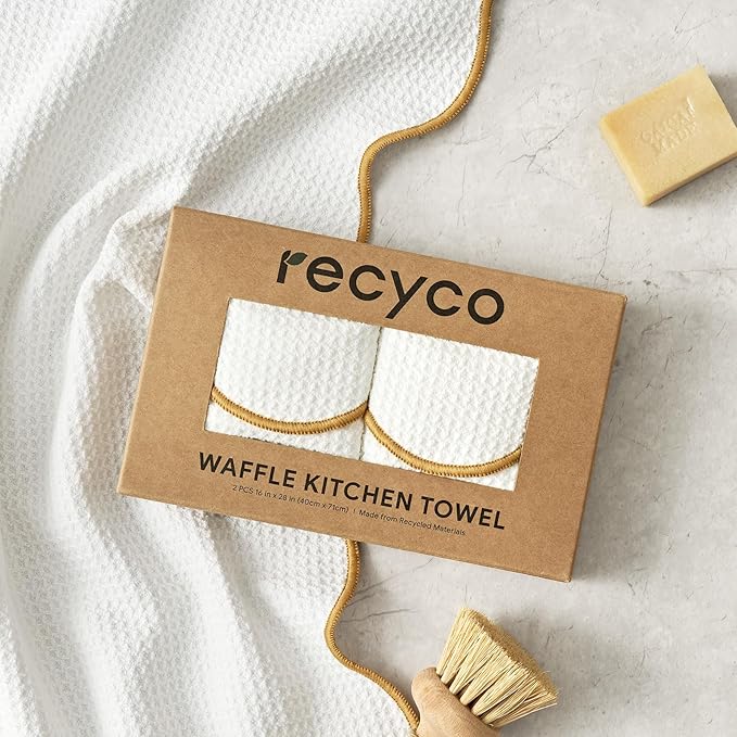 RECYCO Waffle Kitchen Towel Set of 2 - Quick Dry Microfiber Sustainable Dish Towels - Ultra Absorbent Reusable Cleaning Tea Towels - Lightweight Hand Towels,16”x 28”, Gold Yellow