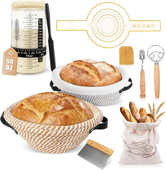 Handmade Cotton Rope Banneton Bread Proofing Basket Set, 50oz Sourdough Starter Jar - Oval & Round Bread Baskets, Sourdough Starter Kit, Bread Making Tools Kit, Black