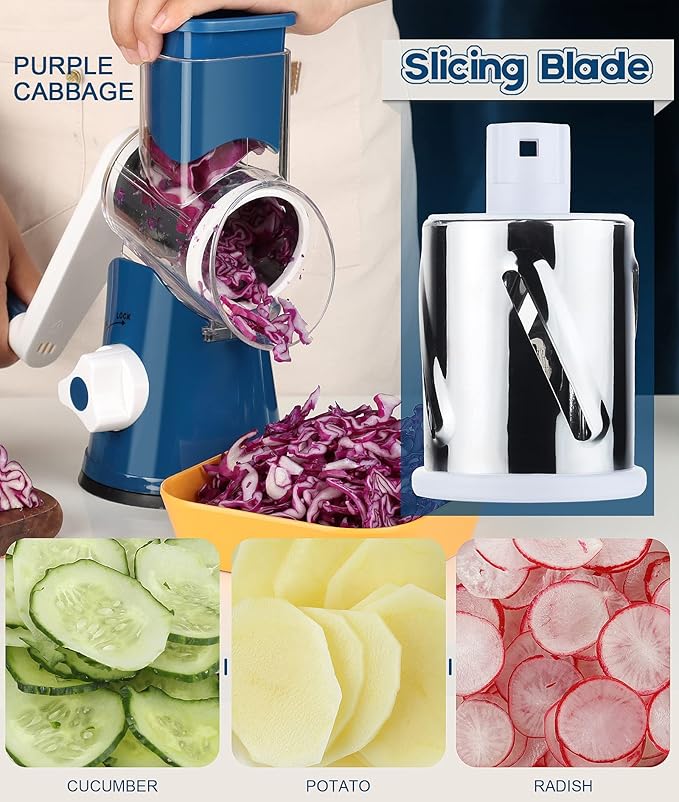 Ourokhome Rotary Cheese Grater Hand Crank, Kitchen Shredder Speed Mandolin Slicer Nut Grinder with Handle and Drum Blades for Cheese, Vegetable, Walnut, Chocolate, Potato, Carrot, 3 Blades, Dark Blue