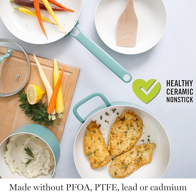 Martha Stewart Emmeline Premium Nonstick PFA Free Ceramic Interior 12 Piece Heavy Gauge Enamel Aluminum Pots and Pans Cookware Set - Teal