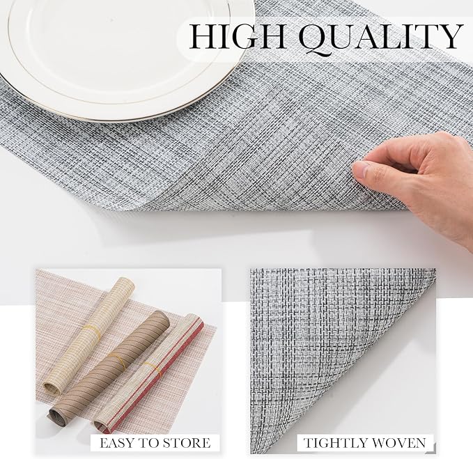 BACKTOEDEN Placemats Set of 8 Heat Resistant Washable Wipeable Placemat Woven Non-Slip Foldable Vinyl/Plastic Place Mats Indoor/Outdoor Mat Kitchen Dining Table Pad, Gray