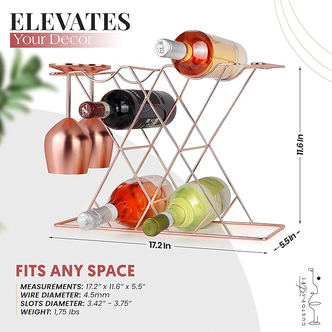 Gusto Nostro Countertop Wine Rack with Glass Holder for 8 Bottles & 4 Glasses, Small Modern Tabletop Wine Rack - No Assembly Wine Holder Stand for Home Kitchen Cabinet Wine Cellar Storage (Rose Gold)