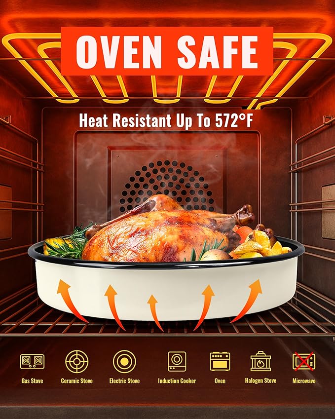 Enamel Baking Pans Set Round Roasting Dish 4-Pack 9/10/12/14 Inch Non-Toxic Non-Stick Carbon Steel Large Bakeware for Cake Bread Pie Pizza Turkey Steak, Oven Dishwasher Safe Thanksgiving Gift Cookware