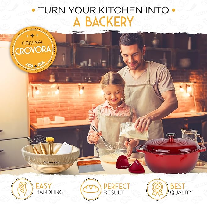 6 QT Enameled Cast Iron Dutch Oven for Bread Baking with Lid - Incl. Sourdough Bread Baking Supplies like Banneton Bread Proofing Basket, Cast Iron Bread Oven, Bread Pan, bread making tools