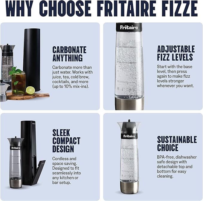 The Fritaire Fizze Soda Maker Machine, Premium OmniFizz Sparkling Water Maker, Seltzer & More, Soda Stream Machine for Home, Water Carbonator, Fizz Infuser (CO2 Cylinder Not Included), Black