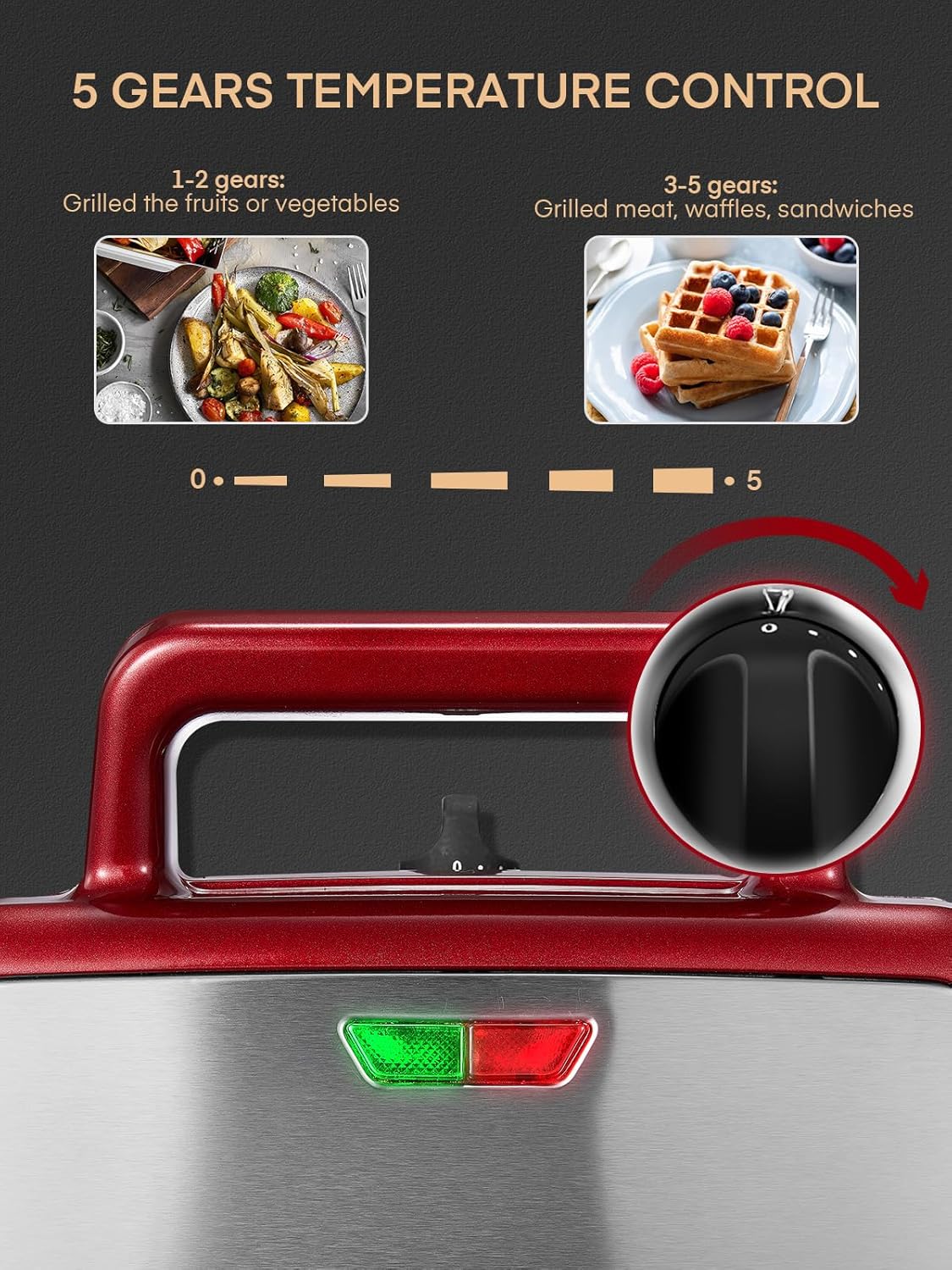 FOHERE Waffle Maker 3 in 1 Sandwich Maker 1200W Panini Press With Removable Plates and 5-gear Temperature Control, Non-stick Coating Easy to Clean,Indicator Lights, Red