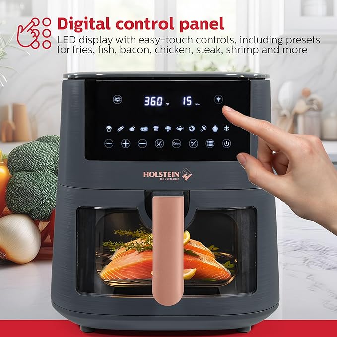 Holstein Housewares 7.6 QT Digital Air Fryer with Viewing Window – Family Size 8-in-1 Touchscreen LED Display, Less Oil Healthy Fry, Bake, Grill, Roast, Dehydrate & Keep Warm
