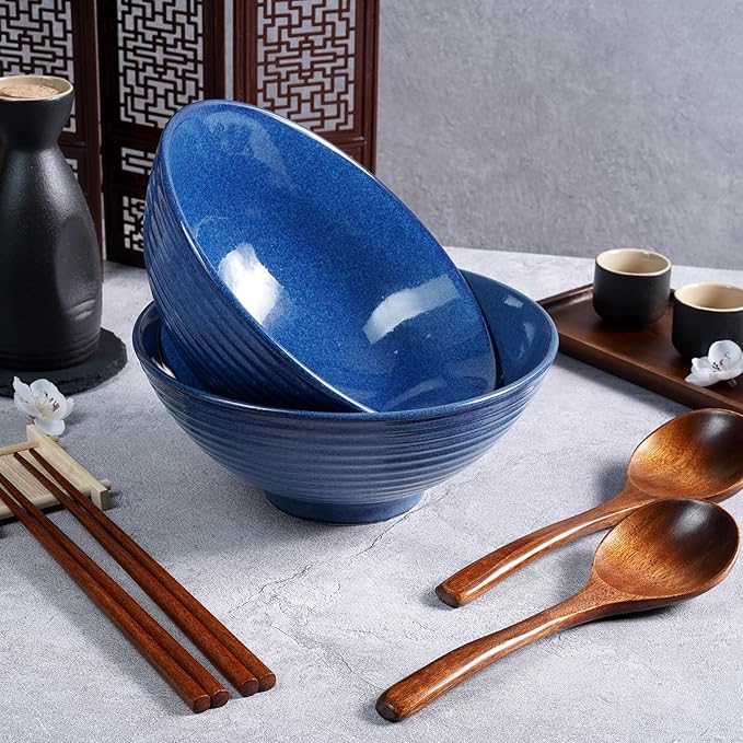 NUTRIUPS 8 Inch Ceramic Ramen Bowl Set of 2 Pho Bowls 40oz Japanese Noodle Udon Soup Bowls with Spoons and Chopsticks (Sapphire Blue)