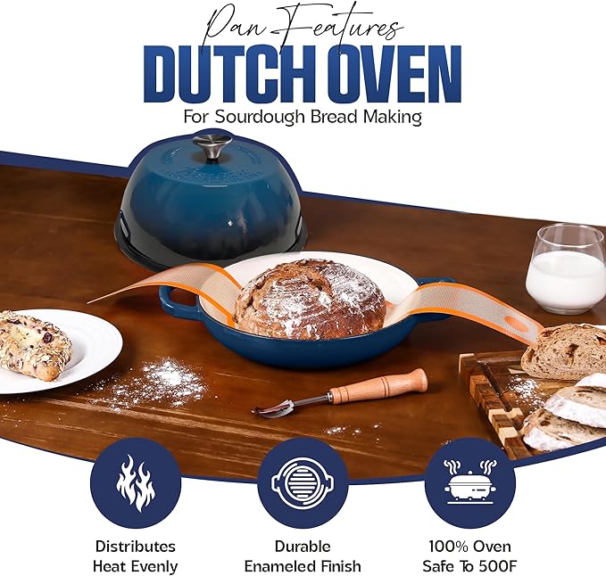 Enameled Cast Iron Dutch Oven Pot with Lid - Dutch Oven for Sourdough Bread Baking - With 5 Blade Bread Lame & Non-Stick Silicone Sling perfect for Sourdough Breads & more. Cast Iton Enamel Braiser Pan with Lid (BLUE, 6 Quart Sourdough Pot)