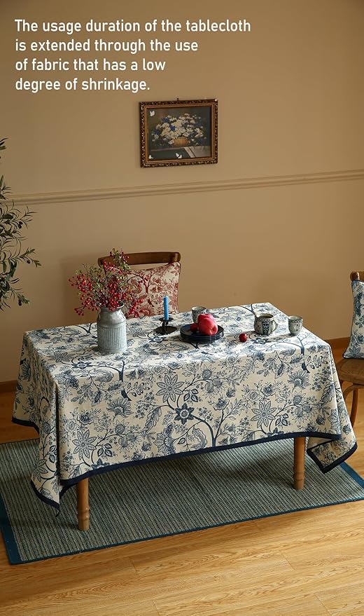 French Floral Tablecloth for Square Tables,Linen Table Cloth with Blue Flowers Pattern,Heavy Durable Table Cover for Dining Kitchen Decor Party Banquet Christmas,55"*55"
